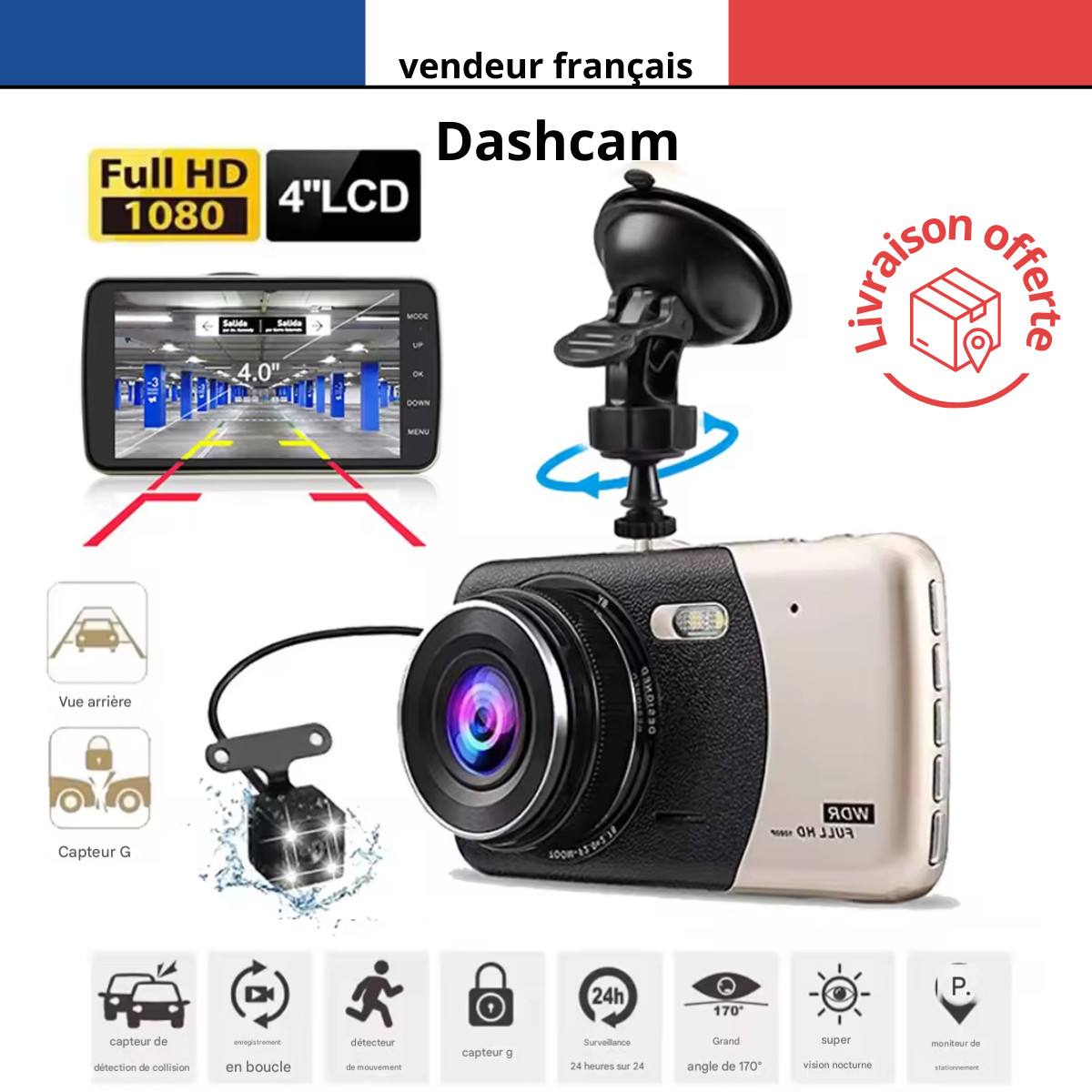Caméra dashcam voiture 1080P HD double lentille avec enregistreur DVR