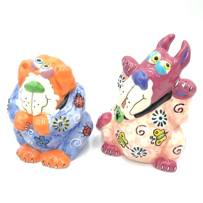 LTD CBK Kids 2002 Whimsical Ceramic Dogs Pink/Orange Figurine Vingate Art Decor