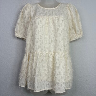 THML Shirt Womens S Beige Feathered Short Sleeve Peplum Romantic Coquette Boho