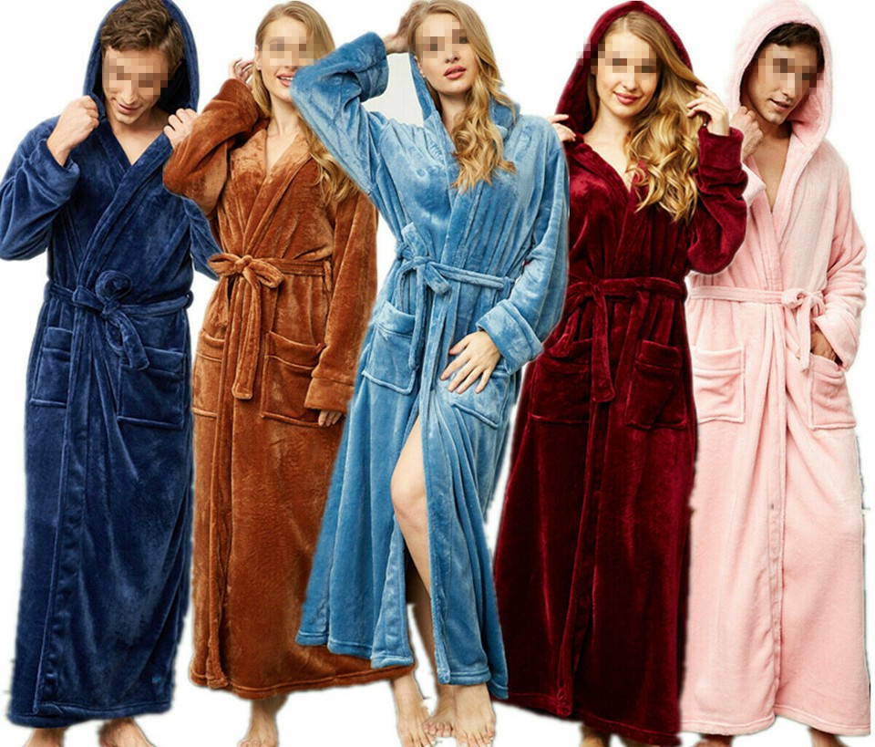 Plush Fleece Hooded Robes Full Lenght Dressing Gown Bathrobe Women Men