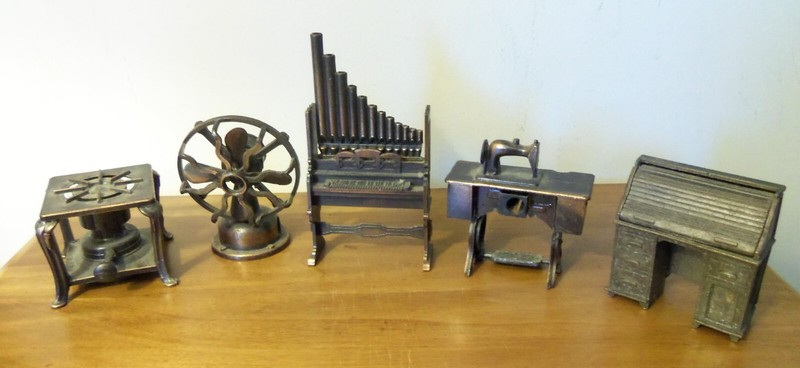 5 Metal Pencil Sharpeners: PIPE ORGAN Treadle Sewing Machine STOVE Fan ROLL TOP