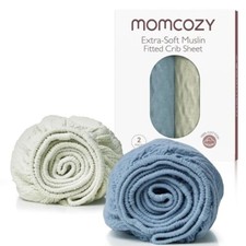 Momcozy Muslin Standard Fitted 52''x28'' Crib Sheets, Sky Blue Grey