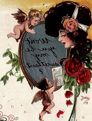 1911 VALENTINE WON'T YOU BE MY SWEETHEART REVERSE IMAGE MIRROR POSTCARD 26-240 - Afbeelding 1 van 3