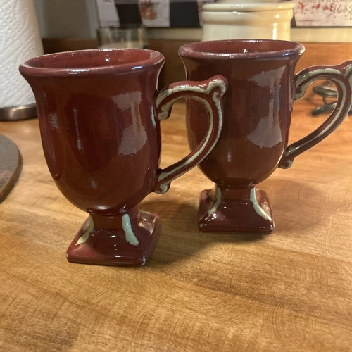 2 Vintage Pottery Stoneware Red Ware  Cups Coffee Mugs Pedestal Latte Bombay