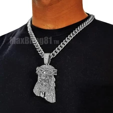 Iced Silver plated Large Jesus Head Cubic Zirconia Pendant Cuban Chain Necklace