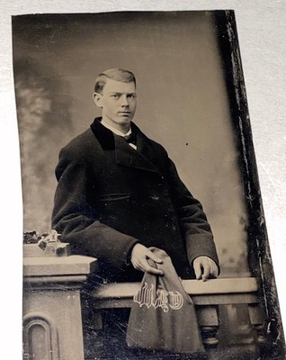 Rare Antique Victorian American Young Man Monogramed CRW Bag Tintype Photo 1870s