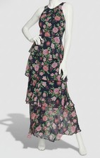 Tommy Hilfiger Women's Blue Floral-Print Ruffled Chiffon Maxi Dress Size 10