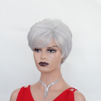 Short Pixie Cut Silver Grey Synthetic Wig 8'' Heat Resistant for Mature Style