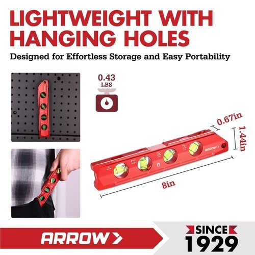 ARROW 8-Inch Torpedo Level Dual Metric and SAE Scales Aluminium