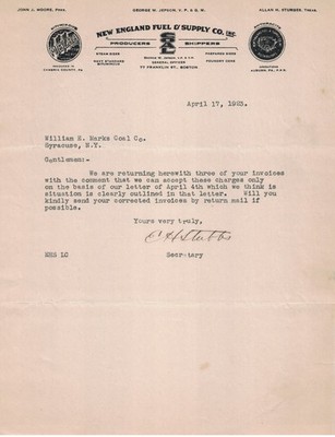 1923 New England Fuel & Supply Co. Business Letter Boston PA Coal Industry
