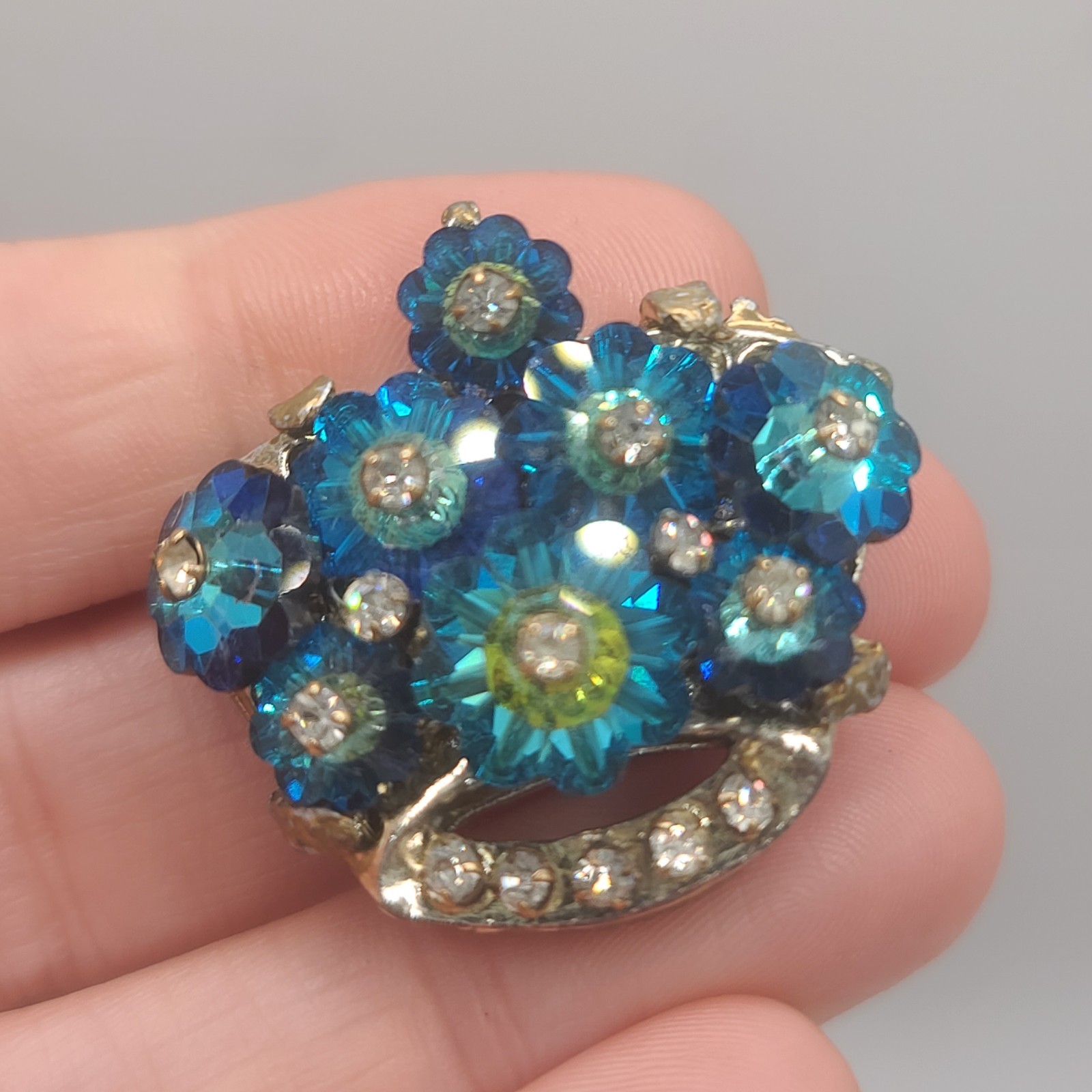 Vintage Margherita Rivoli Brooch Blue Rhinestone 