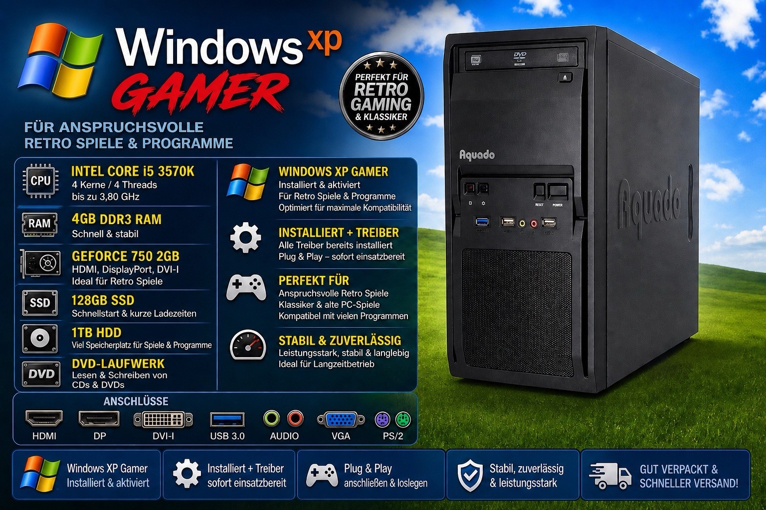 PC para jugadores Windows XP AQUADO i5 hasta 3,8 GHz 128 GB SSD 1 TB HDD 4 GB Ram GeForce 750