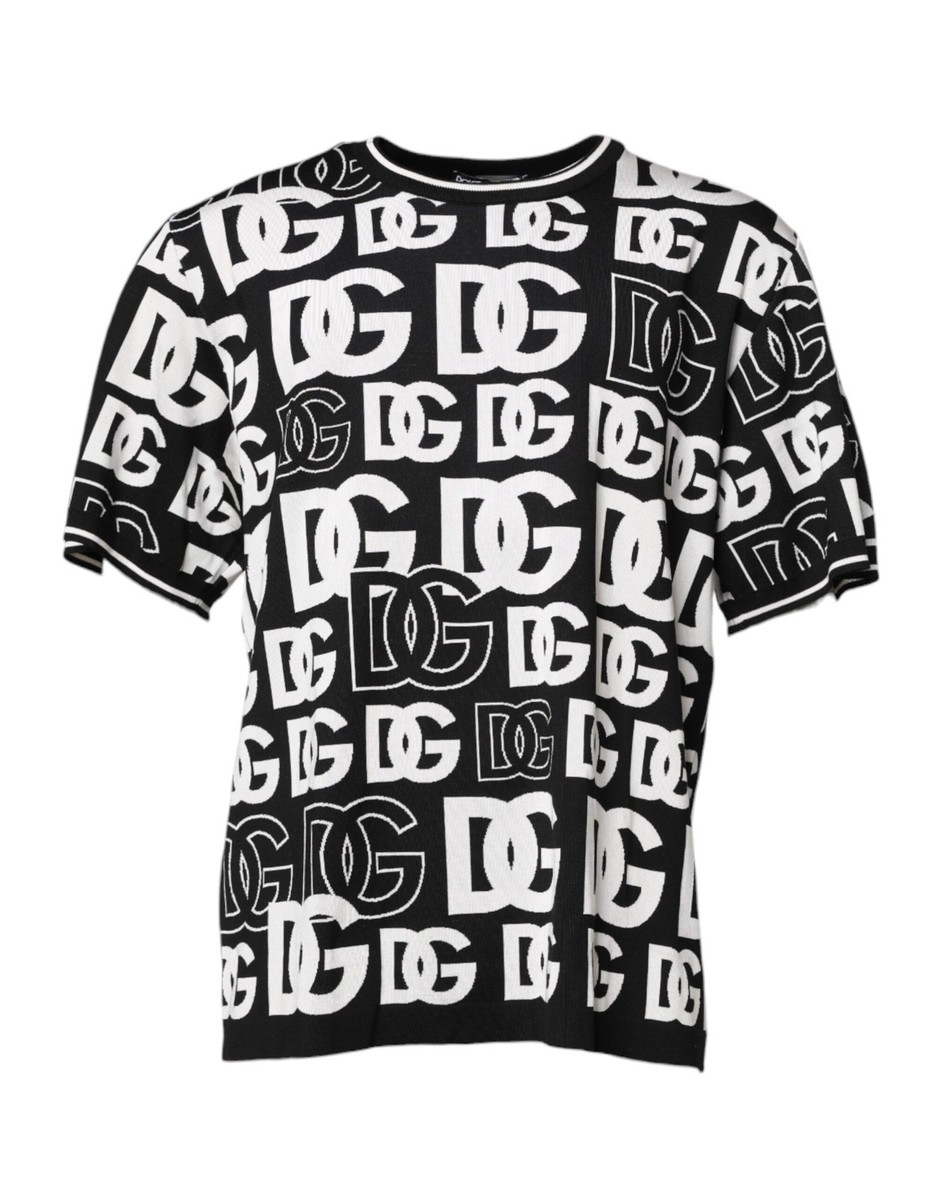 Dolce Gabbana Black White Silk Knit DG Print Men's T-shirt