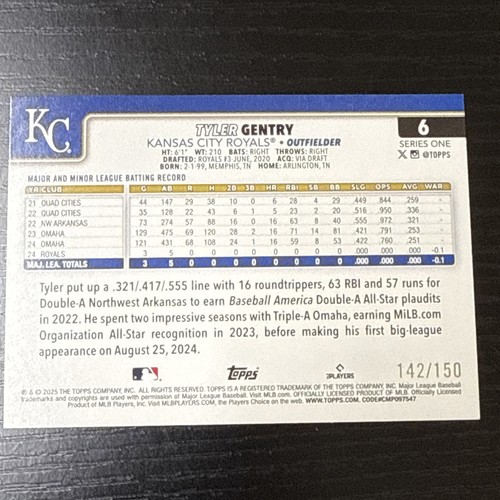 2025 Topps Series 1 Tyler Gentry RC #6 Blue Holo Foil 142/150 Team Color Match!! - Bild 2 von 2