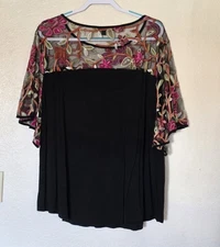 Suzanne Betro Plus Size 3X Black Top With Floral Mesh Yoke & Embroidered Sleeves