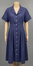 H By Halston Shirt Dress Button Down Linen Blend Cottagecore Navy Women’s UK12
