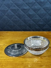 VTG Diamond Cut Glass Relish Mustard Salt Trinket ￼Dish With Metal Cover,