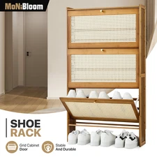 27"Bamboo Shoe Rack Multifunction 5 Tier Storage Sneaker Brown w/ABS Rattan Door