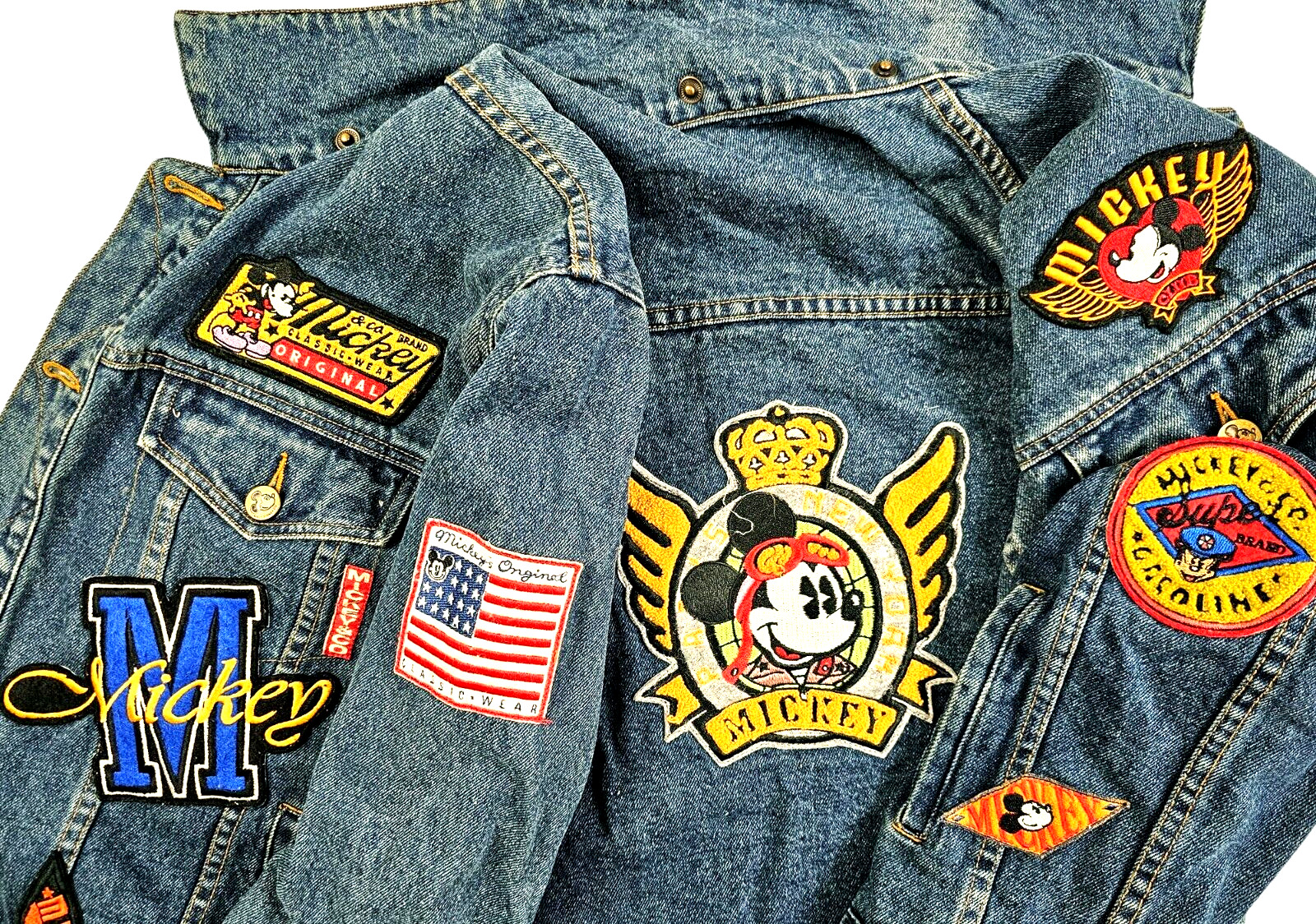 *LO ÚLTIMO DE COLECCIÓN UNISEX DISNEY MICKEY BORDADO PARCHEADO CAMIONERO CHAQUETA Jeans S-M