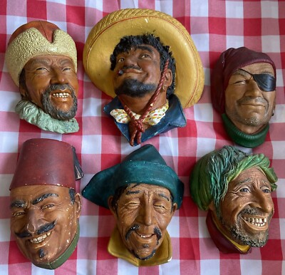 6x Vintage BOSSONS Kreidegeschirr Köpfe PANCHO SERBISCH KURD SARDISCH HIMALAYA SELBSTGEFÄLLIG