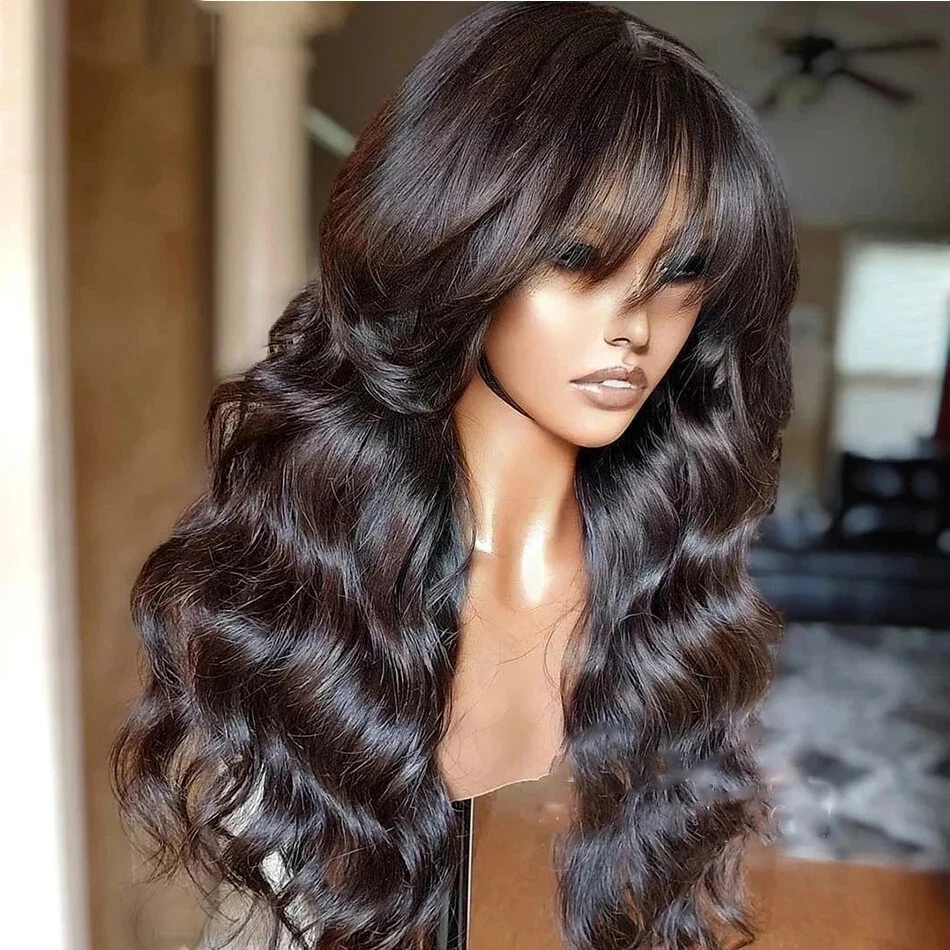 Raw Vietnamese Hair Body Wave Lace Wigs With Bangs Lace Fornt Human Hair Wigs HD - Image 3 of 4
