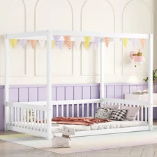 Full Size Canopy Bed Frame Floor Bed with Fence Guardrail White Bedroom Toddlers