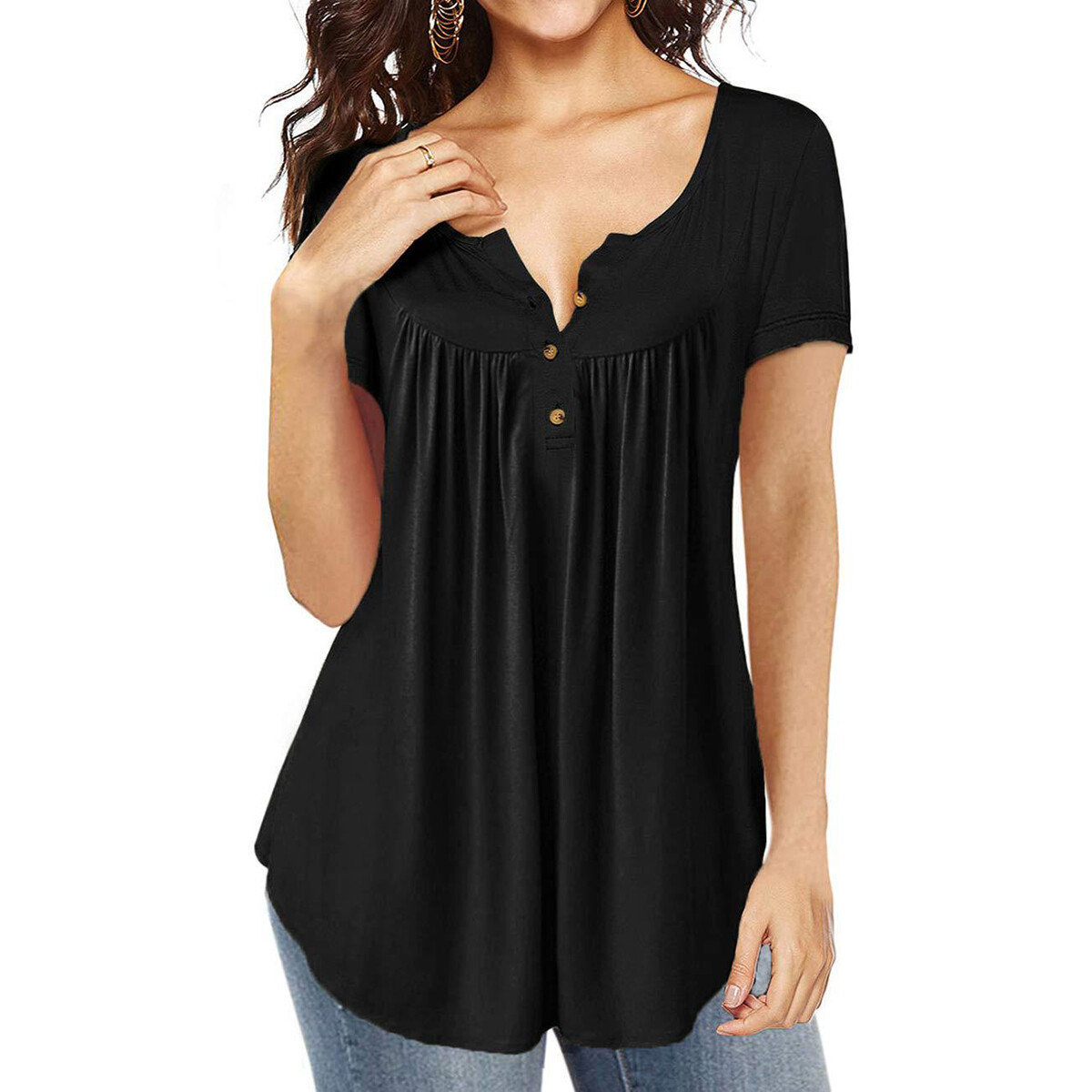 Womens Plus Size Summer Tunic Tops Short Sleeve T-shirt Ladies Button ...