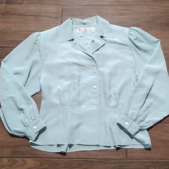 Chaus 10 blue peplum double button puff sleeve blouse