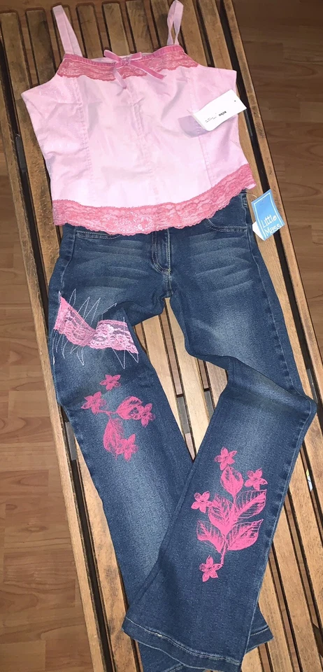LITTLE MASS Niñas NUEVO CON ETIQUETAS ATUENDO Bonita Camiseta sin mangas Rosa Talla 12 y Jeans Talla 12 Foto 2 de 4