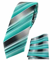 Schmale Tigertie Krawatte + Einstecktuch In Mint GrüN Silber Anthrazit Gestreift