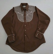 Vtg Rockmount Ranch Wear Shirt Mens 15.5 Brown Western Pearl Snaps 70s Yoke Cuff