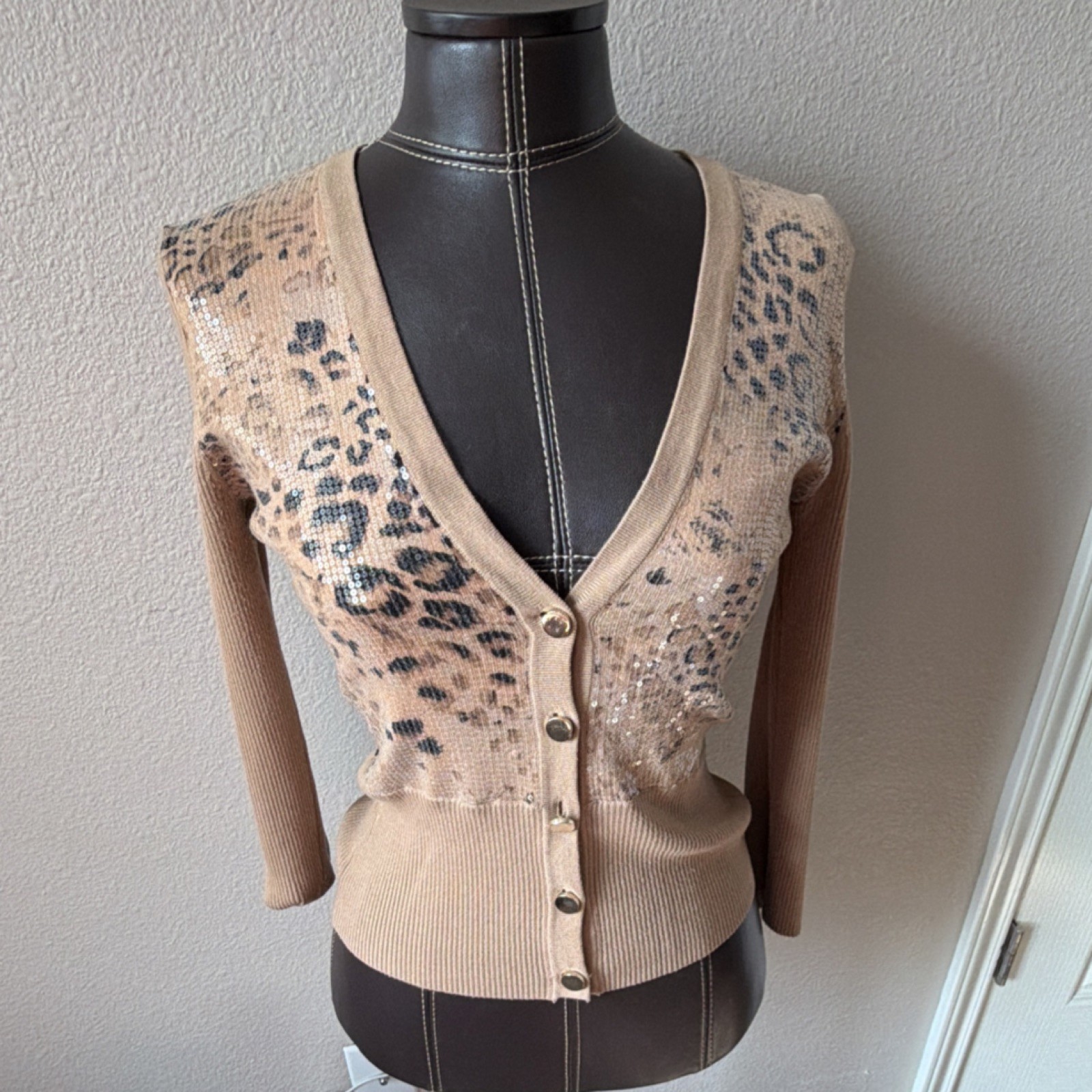 Cache Beige Black Sequin Leopard Print Cardigan S… - image 1