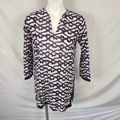 Robert Roller Rabbit 100% Cotton Blue White Patterned Tunic Dress Women Small