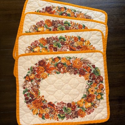 Vintage MCM Quilted Fall Harvest Table Placemats. Florals & Fruits. Set Of 4.