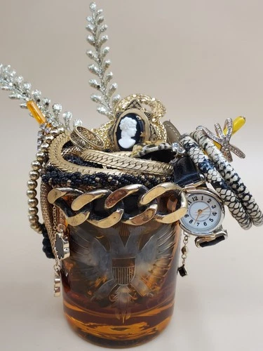 Mystery Jewelry Jar - Black & Gold Fancy Vintage To Now Trifari Monet Avon