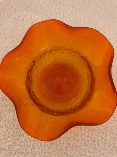 Vintage Blenko Amberina Glass Ruffled Crackle Bowl Dish Orange,Beautiful! Mint!