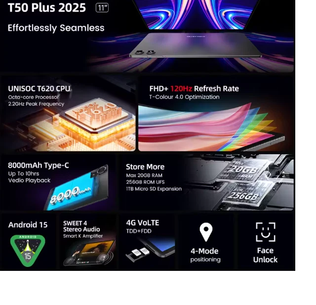 DT Plus Tablet 11" 2K Display UNISOC 8GB+ 128GB 8000mAh Android 15 WIFI6 4G - Image 2 of 4