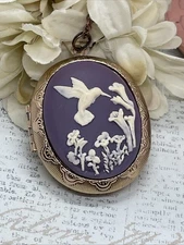 Hummingbird Cameo Plum Necklace Mom Wedding Rose GoLd Bridesmaids Photo Locket