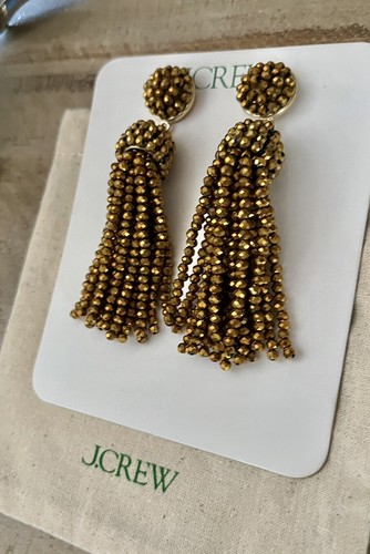 J Crew Burnished Gold Faceted Glass Beaded Tassel Drop Statement Earrings NWT - Picture 5 of 14