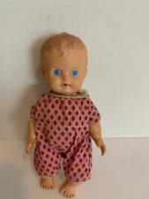 The Sun Rubber Co Ruth E Newton 8" Girl Doll Pink Romper Brown Blue Eyes Vintage