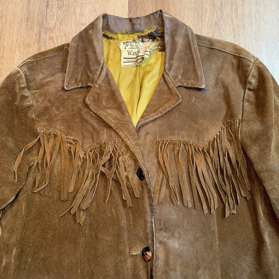 Pioneer Wear Leather Jacket Fringe Suede Coat Western Hippy Vtg 60s 70s Women 18 - Image 2 of 4
