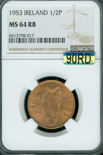 1953 IRELAND HALF PENNY NGC MS64 RB  MAC SPOTLESS   *