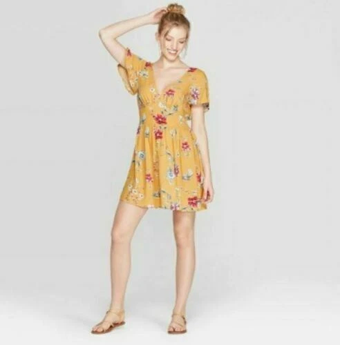 Women s Floral Print Short Sleeve V Neck Dress Xhilaration Yellow