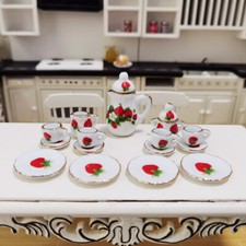 15PC 1:12 Scale Dollhouse Miniatures Lot Strawberry Coffee Tea Set Cups Teapot