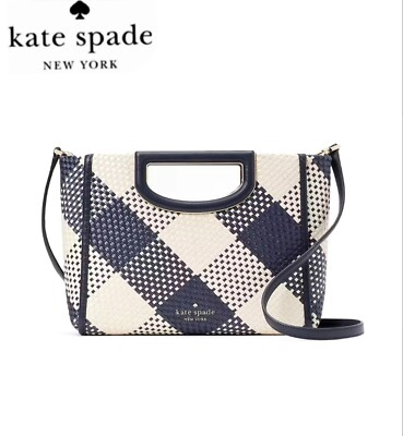  NWT KATE SPADE ALEXIA GINGHAM CROSSBODY STRAW/LEATHER BLAZER BLUE SHOULDER BAG