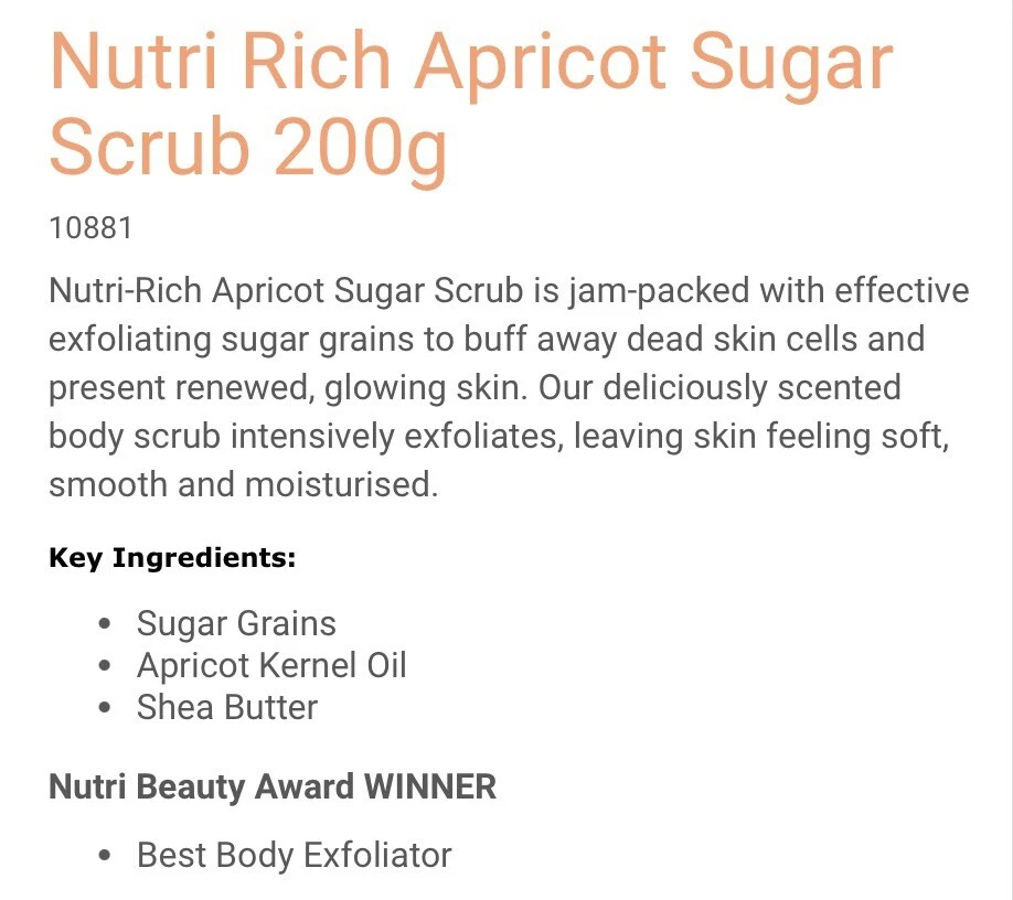 3 X Nutrimetics Nutri-Rich Apricot Sugar Scrub Exfoliant Renewed Glowing skin