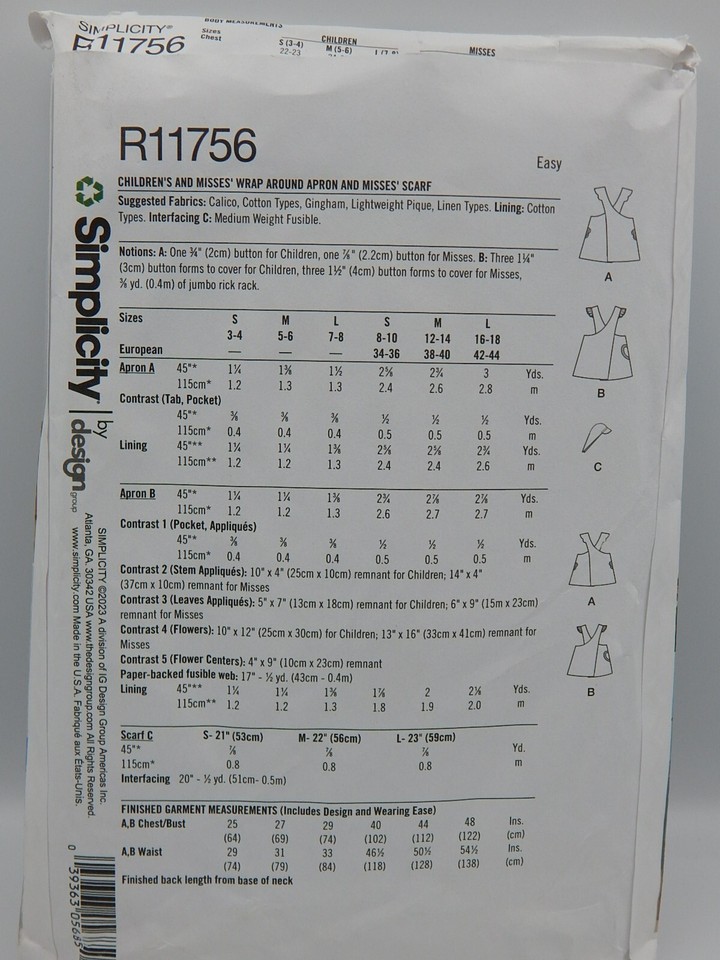 Simplicity 11756 Misses' Children's Wrap Apron Scarf Uncut Pattern 9767 ...