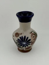 Vintage Tonala Sandstone 3.75" Vase Mexican Hand Painted Folk Art Floral Mexico