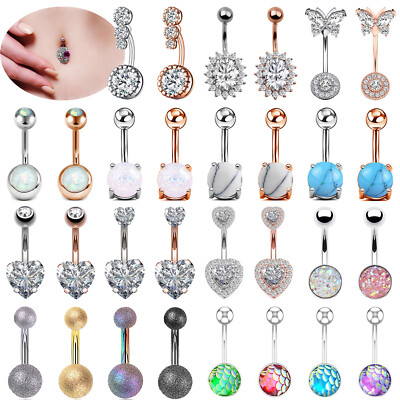 CZ Opal Belly Button Rings Surgical Steel Navel Rings Barbell Piercing 14G - One