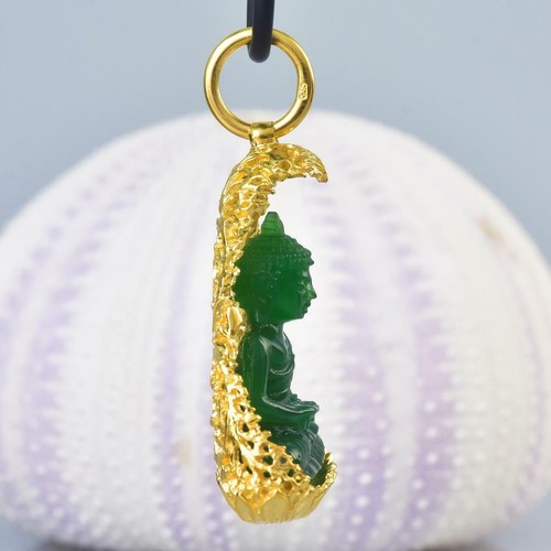 Buddha Bild Gold Vermeil Sterling Bodhi Baum Grün Chalzedon Anhänger 13.04 G - Bild 6 von 9